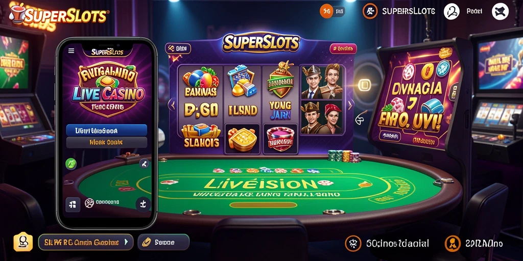 Screenshot gameplay SUPERSLOTS yang menampilkan dealer langsung dan interaksi pemain.